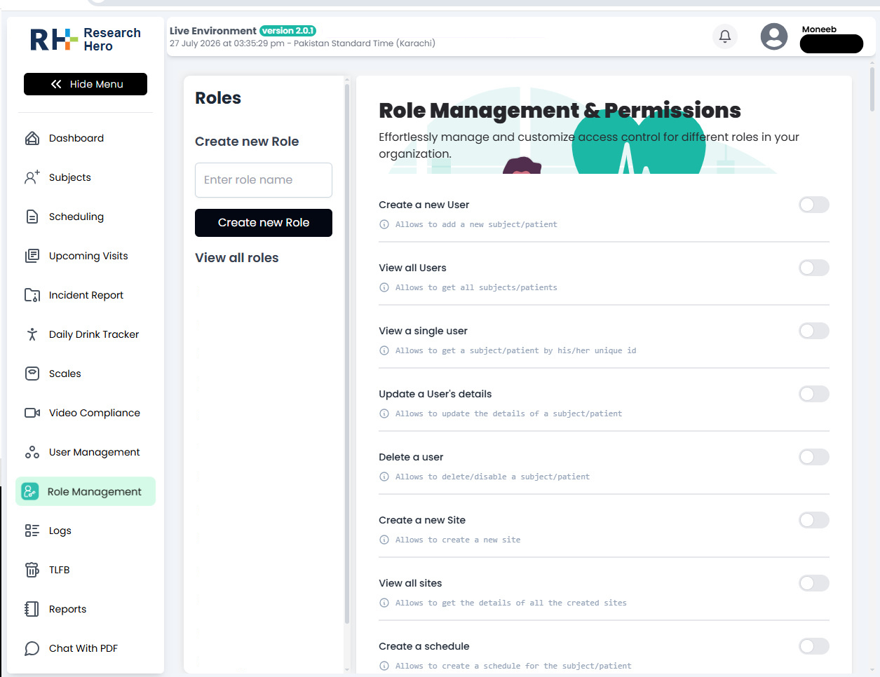 Research Hero role-based access control and study permissions dashboard