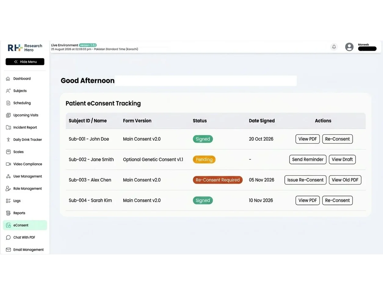 Research Hero clinical research dashboard