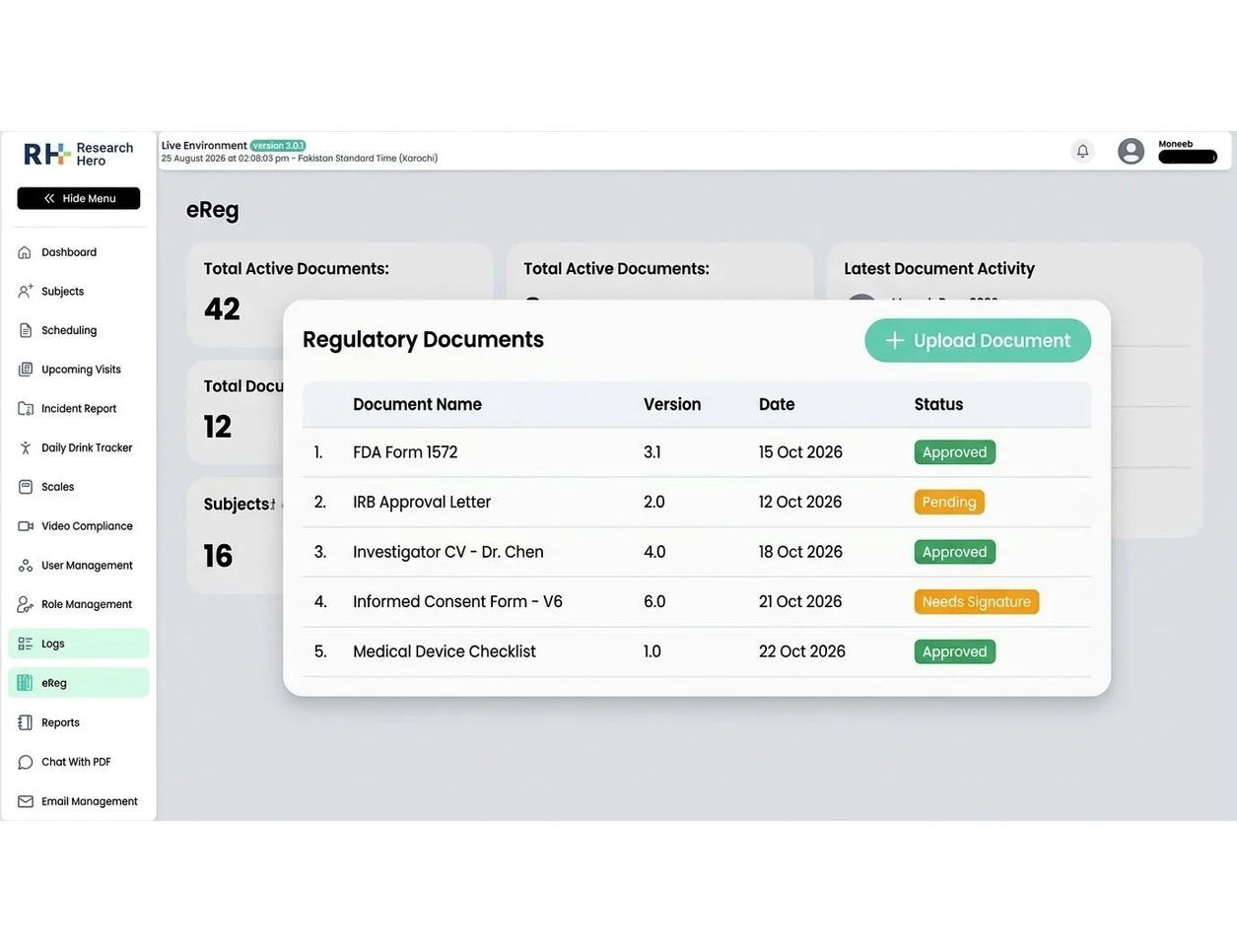 Research Hero clinical research compliance dashboard